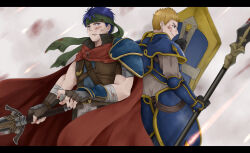  2boys aplche armor back-to-back blonde_hair blood blood_on_face blue_armor blue_eyes blue_hair cape commentary_request fire_emblem fire_emblem:_radiant_dawn gatrie_(fire_emblem) green_headband headband highres holding holding_polearm holding_shield holding_sword holding_weapon ike_(fire_emblem) letterboxed male_focus multiple_boys pauldrons polearm red_cape shield short_hair shoulder_armor single_pauldron sword weapon 