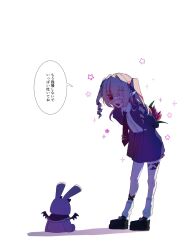  1girl arms_behind_back backlighting black_shoes blazer blue_jacket blue_necktie blue_ribbon blue_sailor_collar blue_skirt blush collared_shirt colored_inner_hair debitto_(makaino_ririmu) drill_hair eyepatch fangs flower full_body grey_hair hair_intakes hair_ribbon heart highres holding holding_flower jacket lapels leaning_forward leg_ribbon leg_tattoo long_hair long_sleeves looking_at_another loose_socks makaino_ririmu medical_eyepatch miniskirt monitoring_(vocaloid) muginoho2012 multicolored_hair necktie nijisanji notched_lapels official_alternate_costume official_alternate_hairstyle open_clothes open_jacket open_mouth pink_flower pink_hair pink_streaks pink_tulip platform_shoes pleated_skirt pointy_ears red_eyes ribbon sailor_collar school_uniform shade shadow shirt shirt_tucked_in shoes sidelocks simple_background skirt socks solo sparkle sparkling_aura speech_bubble standing star_(symbol) streaked_hair stuffed_animal stuffed_rabbit stuffed_toy tattoo tie_clip tulip two-tone_hair two_side_up virtual_youtuber white_background white_shirt white_socks winged_heart winged_heart_tattoo 