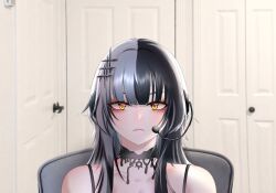  1girl bare_shoulders black_choker black_hair chair choker closed_mouth collarbone commentary door door_handle doorknob english_commentary frown grey_hair hair_ornament headphones headset hololive hololive_english indoors lace lace-trimmed_choker lace_choker lace_trim linus_tech_tips long_hair looking_at_viewer meme microphone multicolored_hair photo_background sad_linus_(meme) satoshi_rkgk shiori_novella sidelocks solo spaghetti_strap split-color_hair straight-on two-tone_hair upper_body virtual_youtuber yellow_eyes 
