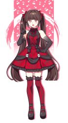 1girl alternate_costume bare_shoulders black_bow black_gloves black_shirt black_shoes blunt_bangs bow bright_pupils brown_hair center_frills cherry collared_shirt commentary_request danganronpa_(series) danganronpa_v3:_killing_harmony dot_nose dress dress_bow dress_shirt earrings elbow_gloves food food-themed_background frilled_dress frilled_shirt_collar frilled_socks frills fruit full_body gloves gothic_lolita hair_bow hair_intakes halter_shirt halterneck hand_on_own_hip harukawa_maki highres jewelry lace-trimmed_gloves lace_trim light_blush lolita_fashion long_hair mary_janes mole mole_under_eye neck_ribbon open_mouth over-kneehighs pleated_dress pointing pointing_up print_dress red_background red_bow red_dress red_eyes red_ribbon red_socks ribbon ribbon-trimmed_socks ribbon_trim shirt shirt_under_dress shoes short_dress skull_earrings socks solo sparkle standing strapless strapless_dress striped_bow striped_clothes striped_dress striped_socks teeth thigh-highs tsurime twintails two-tone_background upper_teeth_only vertical-striped_clothes vertical-striped_dress vertical-striped_socks very_long_hair waka_(wk4444) wavy_hair white_background white_pupils 