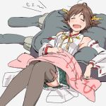  1girl blanket brown_hair cushion detached_sleeves drooling headgear hiei_(kantai_collection) jewelry kantai_collection nontraditional_miko ring sleeping thigh-highs 