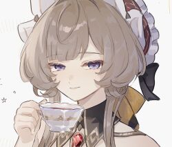  1girl black_collar blue_eyes bonnet brown_hair closed_mouth collar commentary cup detached_collar gem genshin_impact hand_up holding holding_cup long_hair looking_at_viewer portrait red_gem sandrone_(genshin_impact) simple_background solo suwa_(swk_kkk) symbol-only_commentary teacup white_background 