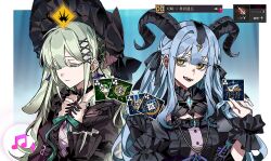  2girls animal_ears bang_dream! bang_dream!_it's_mygo!!!!! black_bonnet black_gloves black_horns black_ribbon black_wrist_cuffs blue_background blue_hair bonnet border chinese_commentary chinese_text closed_mouth commentary_request curled_horns detached_collar floppy_ears gameplay_mechanics gloves gothic_lolita green_hair hair_ornament hair_ribbon hands_up highres horns lolita_fashion long_hair looking_at_viewer multiple_girls musical_note ne2op open_mouth outside_border rabbit_ears rabbit_girl ribbon sidelocks single_glove smile sparkle togawa_sakiko togawa_sakiko_(master_of_melodia) translation_request two_side_up upper_body wakaba_mutsumi wakaba_mutsumi_(marionette's_id) white_border wrist_cuffs x_hair_ornament yellow_eyes 