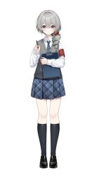  1girl absurdres armband black_shoes black_socks blue_necktie blue_skirt chinese_commentary clipboard collared_shirt commentary_request drill_hair full_body green_hair grey_eyes grey_hair hair_between_eyes hazel_(virtuareal) highres holding holding_clipboard holding_pen multicolored_hair necktie nijisanji official_art pen plaid_clothes plaid_skirt pleated_skirt red_armband shirt shoes simple_background skirt socks solo standing straight-on streaked_hair striped_clothes striped_necktie tachi-e transparent_background virtual_youtuber virtuareal white_shirt 