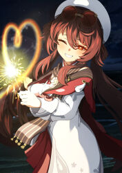  1girl ;d beach blush brown_hair chinese_clothes commentary cowboy_shot eyewear_on_head fireworks flower-shaped_pupils genshin_impact grin hair_between_eyes hands_up hat heart heart_of_string highres holding holding_fireworks hu_tao_(cherries_snow-laden)_(genshin_impact) hu_tao_(genshin_impact) light_blush long_hair long_sleeves looking_at_viewer low_twintails menchi-men night ocean official_alternate_costume one_eye_closed outdoors red-tinted_eyewear red_eyes red_skirt round_eyewear senkou_hanabi sidelocks skirt smile solo sparkler sunglasses symbol-shaped_pupils tinted_eyewear twintails underlighting very_long_hair white_hat 