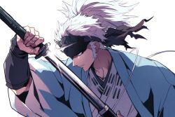  0nodera 1boy adam's_apple blue_eyes closed_mouth commentary_request dirty_hands drawing_sword fate/grand_order fate_(series) forehead_protector glint grey_hair holding holding_sword holding_weapon japanese_clothes katana long_sideburns male_focus nagakura_shinpachi_(fate) nagakura_shinpachi_(third_ascension)_(fate) ponytail sideburns simple_background solo sword upper_body weapon white_background 
