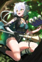  1girl absurdres black_boots black_unitard blue_hair book boots braid breasts choker crossed_bangs forest gloves goat_girl hair_between_eyes highres holding holding_staff hood hood_down horns kneehighs low_twin_braids lucia_elowen mayou940114 medallion nature open_book open_mouth pointy_ears shadow single_glove single_kneehigh single_sleeve single_sock socks staff thigh_strap tree twin_braids zenless_zone_zero 