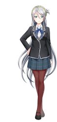  1girl aqua_eyes artist_request black_jacket black_shoes blazer blue_ribbon blue_skirt cinderella_series closed_mouth elena_starffin grey_hair hachigatsu_no_cinderella_nine hair_between_eyes hair_ornament hand_on_own_hip highres jacket long_hair looking_at_viewer neck_ribbon official_art pantyhose plaid_clothes plaid_skirt red_pantyhose ribbon satogahama_school_uniform school_uniform shirt shoes skirt solo transparent_background white_shirt white_trim 