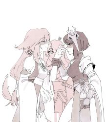  3girls angry animal_ear_piercing animal_ears arm_guards bare_shoulders blunt_bangs bucumberr closed_eyes detached_sleeves english_commentary fff_threesome fingernails fox_ears fox_girl from_side genshin_impact glaring group_sex hair_between_eyes highres holding_another's_wrist japanese_clothes jewelry kimono kujou_sara long_hair long_sleeves mask mask_on_head monochrome multiple_girls pendant raiden_shogun sash shade shaded_face sharp_fingernails short_hair short_sleeves simple_background sketch standing surprised swept_bangs tank_top threesome upper_body white_background yae_miko yuri 