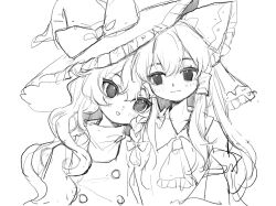  2girls 80isiiii ascot blush bow braid closed_mouth detached_sleeves frilled_bow frilled_hair_tubes frills greyscale hair_bow hair_tubes hakurei_reimu hat hat_bow highres kirisame_marisa leaning_on_person leaning_to_the_side long_hair monochrome multiple_girls side_braid single_braid smile touhou upper_body vest witch_hat yuri 