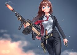  1girl absurdres ammunition_belt black_jacket black_pants blood blood_splatter blue_eyes brown_hair combat_knife commentary_request expressionless formal_clothes glowing_hot gun h&amp;k_hk421 highres jacket knife kzm_(sub-moa_works) long_hair machine_gun necktie open_clothes open_jacket optical_sight original pants red_necktie shirt smoke smoking_barrel suit suppressor vertical_foregrip weapon white_shirt 