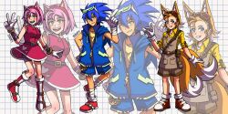  1girl 2boys absurdres amy_rose animal_ears artist_name blonde_hair blue_eyes blue_hair blue_hoodie blue_jacket blue_shorts boots commentary dress english_commentary eyewear_on_head fox_boy fox_ears fox_tail gloves goggles goggles_on_head green-tinted_eyewear green_eyes grid_background grin hairband hand_on_own_hip highres hood hood_down hoodie humanization jacket kohakuace looking_at_viewer multiple_boys multiple_tails open_mouth pink_hair red_boots red_hairband red_shoes shirt shoes short_hair shorts sleeveless sleeveless_dress smile sonic_(series) sonic_the_hedgehog spiky_hair tail tails_(sonic) tinted_eyewear two_tails white_gloves yellow_shirt zoom_layer 