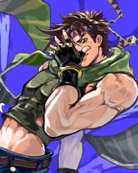 1boy abs bare_shoulders battle_tendency belt biceps black_gloves blue_pants bracelet brown_hair crop_top denim english_commentary fingerless_gloves gloves green_eyes green_scarf green_shirt headband highres jeans jewelry jojo_no_kimyou_na_bouken jojo_pose joseph_joestar joseph_joestar_(young) looking_at_viewer male_focus midriff midriff_peek multicolored_scarf muscular muscular_male mw_01m narrow_waist pants pectorals scarf shirt short_hair sleeveless smile solo striped_clothes striped_scarf triangle_print yellow_headband 