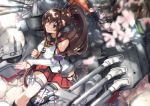  1girl blurry brown_eyes brown_hair cherry_blossoms depth_of_field detached_sleeves holding kantai_collection long_hair machinery oriental_umbrella petals pleated_skirt ponytail revision sitting skirt smile solo tree_shade tsuuhan turret umbrella yamato_(kantai_collection) 