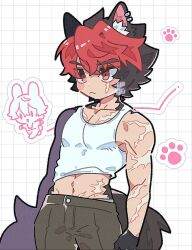  1boy animal_ear_piercing animal_ears black_hair bow chibi commentary_request dog_boy dog_ears dog_tail gogogalar highres komano_manato male_focus multicolored_hair muscular muscular_male pectoral_cleavage pectorals red_bow red_eyes scar scar_on_arm scar_on_chest scar_on_face scarf shirt tail white_shirt zenless_zone_zero 