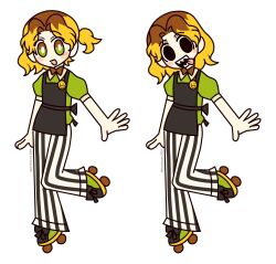  1boy alternate_costume androgynous apron black_apron black_eyes blonde_hair blush bow bowtie bright_pupils brown_bow brown_bowtie channel_(caststation)_(style) commentary english_commentary full_body green_eyes green_shirt highres looking_at_viewer male_focus medium_hair mesmerizer_(vocaloid) multicolored_hair multiple_views open_mouth parody plushiecore po-uta roller_skates sharp_teeth shirt short_hair skates standing standing_on_one_leg style_parody teeth thick_lineart tongue tongue_out two-tone_hair vocaloid wavy_hair white_background white_pupils 