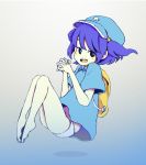  1girl backpack bag blue_eyes blue_hair blue_shirt bottomless gradient gradient_background hair_bobbles hair_ornament hands_clasped hands_together hat kawashiro_nitori open_mouth panties shirt shiru_(qtb) short_hair smile solo touhou twintails underwear white_panties 