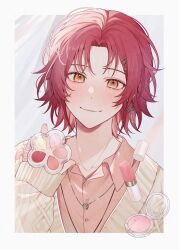  10_io 1boy androgynous cardigan collarbone collared_shirt compact_(cosmetics) cosmetics earrings eyelashes fingernails hair_ornament hairclip hanasaki_miyabi head_tilt highres holding_makeup_palette holostars jewelry lipstick_tube looking_at_viewer makeup_palette male_focus medium_hair necklace orange_shirt outside_border portrait red_hair shirt single_earring sleeves_past_wrists smile solo virtual_youtuber white_background white_cardigan yellow_eyes 