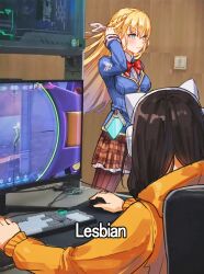  2girls asakura_karen_(heaven_burns_red) black_hair blonde_hair blue_jacket bow braid commentary green_eyes half_up_braid heaven_burns_red highres hood hooded_jacket jacket long_hair long_sleeves meme multiple_girls photo_background playing_games red_bow ribbon sail_678 symbol-only_commentary toujou_tsukasa white_ribbon yuri 