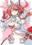  1girl blue_eyes blush bow bra breasts bridal_veil cleavage clover cravat dated dress elphelt_valentine flower four-leaf_clover gloves guilty_gear guilty_gear_xrd hairband heart large_breasts long_sleeves one_eye_closed pink_bow pink_hair puffy_long_sleeves puffy_sleeves qontamblue red_bra red_rose rose short_hair solo spikes twitter_username underwear veil white_dress 