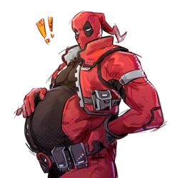  ! !! 1boy asaki_r belt chinese_commentary commentary_request covered_pectorals deadpool deadpool_(series) gloves hand_on_own_hip hand_on_own_stomach jacket looking_at_viewer male_focus male_pregnancy marvel marvel_rivals pectorals red_gloves red_jacket red_mask solo superhero_costume utility_belt white_background 
