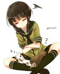  black_hair braid cat closed_eyes crossed_arms kantai_collection kidamochi kitakami_(kantai_collection) long_hair sleeping uniform 