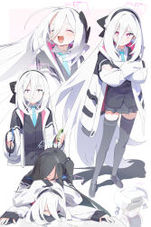  2girls ^_^ absurdres ahoge aris_(blue_archive) black_hair black_jacket black_skirt black_thighhighs blazer blue_archive blue_necktie blush bm_tol bright_pupils closed_eyes commentary crossed_arms double-parted_bangs hair_between_eyes halo highres hood hooded_jacket huge_ahoge jacket kei_(amas)_(blue_archive) kei_(blue_archive) kei_(new_body)_(blue_archive) long_hair long_hair_between_eyes looking_ahead looking_at_viewer lying lying_on_person multiple_girls necktie nervous_sweating nintendo_switch on_stomach pink_eyes pleated_skirt school_uniform shirt skirt smile straight_hair sweat symbol-only_commentary t_t tears thigh-highs very_long_hair white_hair white_jacket white_pupils white_shirt zettai_ryouiki 
