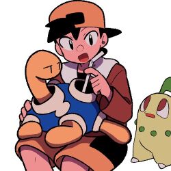  1boy alternate_color backwards_hat baseball_cap black_hair chikorita commentary drinking_straw ethan_(pokemon) hat holding jacket long_sleeves lowres open_mouth pokemon pokemon_(creature) pokemon_gsc red_eyes red_jacket shiny_pokemon shorts shuckle simple_background symbol-only_commentary tyako_089 white_background yellow_shorts 