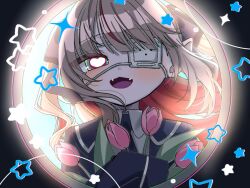  1girl backlighting blazer bloom blue_jacket blue_necktie blue_ribbon blue_sailor_collar blush chestnut_mouth collared_shirt colored_inner_hair commentary_request eyepatch fangs flower green_eyes grey_hair hair_intakes hair_ribbon heart heart-shaped_pupils holding holding_flower jacket lapels light_smile long_hair long_sleeves looking_at_viewer makaino_ririmu medical_eyepatch monitoring_(vocaloid) multicolored_eyes multicolored_hair necktie nijisanji notched_lapels official_alternate_costume official_alternate_hairstyle open_clothes open_jacket pink_flower pink_hair pink_streaks pink_tulip pointy_ears portrait pov_peephole red_eyes ribbon ruruni24 sailor_collar school_uniform shirt sidelocks sleeves_past_fingers sleeves_past_wrists solo sparkle sparkling_aura standing star_(symbol) streaked_hair symbol-shaped_pupils tulip two-tone_hair two_side_up variant_set virtual_youtuber white_shirt yellow_eyes 