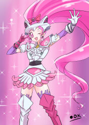  1girl ;d \m/ absurdres animal_ear_helmet animal_ears animal_helmet arms_up artist_name asymmetrical_footwear asymmetrical_gloves bakuage_sentai_boonboomger black_ox_(0-max) blush boots bow cat_ears cat_helmet chain commentary cosplay cure_blossom curly_sidelocks dress earrings fake_animal_ears feet_out_of_frame frilled_sleeves frills gloves hair_bow hair_ornament hanasaki_tsubomi heartcatch_precure! helmet high_ponytail highres itasha_(boonboomger) itasha_(boonboomger)_(cosplay) jewelry knee_boots layered_dress long_hair looking_at_viewer magical_girl mizuki_nana one_eye_closed open_hand open_mouth outstretched_hand pink_background pink_boots pink_bow pink_eyes pink_gloves pink_hair pink_theme ponytail precure puffy_short_sleeves puffy_sleeves short_dress short_sleeves shoulder_pads smile solo sparkle sparkle_background spread_fingers super_sentai thighs triangle_mouth very_long_hair voice_actor_connection white_boots white_dress white_gloves white_helmet 