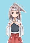  1girl azu_(azusayumix) drink drinking drinking_straw grey_hair hachimaki headband japanese_clothes juice_box kantai_collection ponytail zuihou_(kantai_collection) 