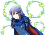  1girl arms_behind_back blue_eyes blue_hair breasts cape fire_emblem fire_emblem:_kakusei hairband high_collar long_hair looking_at_viewer lucina shoulder_pads simple_background smile solo super_smash_bros. symbol-shaped_pupils tiara 