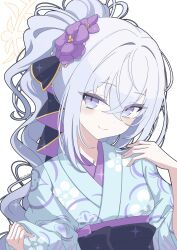  1girl absurdres alternate_costume alternate_hairstyle azusa_(blue_archive) blue_archive commentary goanchor grey_hair hair_between_eyes halo highres japanese_clothes kimono looking_at_viewer simple_background solo symbol-only_commentary violet_eyes white_background yellow_halo 