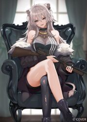 1girl ahoge animal_ear_piercing animal_ears armchair assault_rifle asymmetrical_legwear bare_shoulders black_boots black_nails black_pantyhose black_skirt boots breasts chair clothes_down commentary_request company_name copyright_notice crossed_legs feet_out_of_frame fingernails fur-trimmed_jacket fur_trim gold_necklace grey_eyes grey_hair gun hair_between_eyes halter_shirt halterneck holding holding_gun holding_weapon hololive jacket jacket_partially_removed jewelry large_breasts lion_ears lion_girl lion_tail long_hair long_sleeves looking_at_viewer marumoru messy_hair mismatched_legwear necklace official_art on_chair open_clothes open_jacket pantyhose rifle see-through_cleavage see-through_clothes shirt shishiro_botan shishiro_botan_(1st_costume) simple_background single_leg_pantyhose sitting skirt sleeveless sleeveless_shirt smile solo strapless striped_clothes striped_shirt tail torn_clothes torn_pantyhose tube_top vertical-striped_clothes vertical-striped_shirt virtual_youtuber weapon 