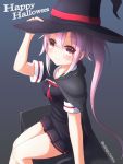  1girl cape female halloween halloween_costume happy_halloween harusame_(kantai_collection) hat highres kantai_collection looking_at_viewer natsuya_(pucelle) pink_hair pleated_skirt red_eyes school_uniform serafuku side_ponytail skirt smile solo witch_hat 