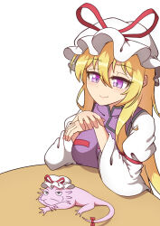  1girl absurdres animal axolotl ayuyu_yuka03 blonde_hair blush closed_mouth commentary elbow_on_table hair_between_eyes hat highres long_sleeves looking_at_another looking_at_viewer mob_cap own_hands_together purple_tabard ribbon smile tabard table tail tail_ornament tail_ribbon touhou violet_eyes white_background yakumo_yukari yakumo_yukari_(axolotl) 