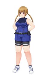  1girl artist_request baseball_uniform belt bike_shorts bike_shorts_under_shorts black_belt black_gloves black_shorts black_socks blue_shirt blue_shoes blue_shorts brown_hair cinderella_series closed_mouth covered_navel gloves hachigatsu_no_cinderella_nine hands_on_own_hips highres kazamatsuri_serina long_hair looking_at_viewer low_twintails multicolored_shoes official_art plump shirt shoes shorts sleeveless sleeveless_shirt socks solo sportswear thick_thighs thighs transparent_background twintails two-tone_shoes violet_eyes white_shoes white_trim 