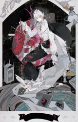  1boy absurdres analog_clock ascot balance_scale barefoot bird bird_brooch black_background black_cape black_corset black_hair black_robe border borrowed_character brooch bug butterfly candle candlestand cape chalice clock closed_mouth coin commission corset cup disembodied_eye dove earrings expressionless final_fantasy final_fantasy_xiv fish_skeleton food framed_insect frilled_robe frilled_shirt frilled_shirt_collar frilled_sleeves frills fruit full_body gold_coin grey_eyes hai_yexing_ren hair_between_eyes halo hand_up heart-shaped_gem heterochromia highres holding holding_scale hyur infinity_symbol invisible_chair jewelry long_sleeves looking_at_viewer male_focus multicolored_hair murrtecys_ansuz necklace original outside_border picture_frame planted planted_sword pomegranate robe scar scar_on_face seashell shell shirt short_hair single_earring sitting solo stabbed_heart sword tarot three_of_swords treasure_chest two-sided_cape two-sided_fabric two-tone_hair unworn_jewelry unworn_necklace warrior_of_light_(ff14) watermark weapon weighing_scale white_ascot white_border white_cape white_hair white_shirt yellow_eyes 