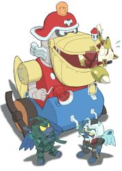  3boys absurdres android animal_ears arm_up armor beard bell bird bird_boy black_eyes blue_wings claws colored_sclera commentary_request crossed_arms crossover crow facial_hair fewer_digits flying_sweatdrops fox_boy fox_ears fox_tail furry furry_male green_armor green_helmet hand_fan hand_on_own_head helmet highres holding holding_fan japanese_clothes joints k_katora karamaru karasu_gennarisai katana kimono kitsunezuka_ko'on-no-kami kyatto_ninden_teyandee light_bulb looking_at_another mecha mechanical_ears mechanical_tail multiple_boys mustache old old_man open_mouth red_kimono robot robot_joints shadow sheath sheathed simple_background standing stuck sword sword_on_back tail time_bokan_(series) weapon weapon_on_back white_background white_hair wings yatter-pelican yatterman yellow_sclera 