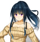  1girl bangs bare_shoulders blue_hair blush breasts cleavage collarbone ffmania7 long_hair long_sleeves looking_at_viewer original ponytail ribbed_sweater silhouette smile solo sweater violet_eyes white_background 