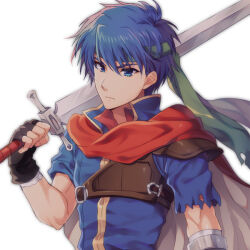  1boy awayuki_ramika blue_eyes blue_hair cape commentary_request fire_emblem fire_emblem:_path_of_radiance gloves green_headband headband ike_(fire_emblem) looking_at_viewer male_focus red_cape short_hair solo 