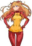  1girl blue_eyes blush bodysuit breasts brown_hair evangelion:_2.0_you_can_(not)_advance hair_ornament hands_on_hips hareno_chiame long_hair neon_genesis_evangelion plugsuit pout rebuild_of_evangelion sketch skin_tight solo souryuu_asuka_langley test_plugsuit twintails 