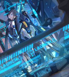  1girl absurdres aris_(armed)_(blue_archive) aris_(blue_archive) bare_shoulders black_hair blue_archive blue_eyes commentary_request force_(fossan_01) gloves hair_between_eyes halo highres holding long_hair mecha_musume mechanical_wings rectangular_halo sign skirt solo thigh-highs twintails very_long_hair warning_sign wings 