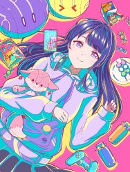  1girl alternate_costume black_skirt blunt_bangs blush candy cellphone character_doll closed_mouth commentary controller cookie dango doll electro_slime_(genshin_impact) food game_controller genshin_impact happy headphones highres hood hood_down hoodie horn2189haruru hoyofair light_blush light_smile long_hair long_sleeves looking_at_viewer looking_up lying mole mole_under_eye mutant_electro_slime_(genshin_impact) on_back phone pink_background purple_hair purple_hoodie purple_nails raiden_shogun raiden_shogun_(2nd_anniversary) shade skirt slime_(genshin_impact) smartphone snack solo violet_eyes wagashi yae_miko yae_miko_(fox) 