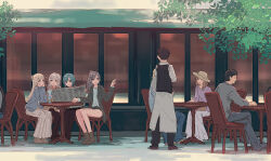  3boys 5girls :d aqua_hair black_coat black_pants black_pantyhose black_shorts black_vest blue_jacket boots brown_boots brown_hair calling coat collared_shirt commentary crazy_straw d4dj dress drinking drinking_straw fukushima_noa full_body green_eyes grey_eyes grey_hair grey_shirt grin hair_bun hanamaki_towa heart_straw high_ponytail highres holding holding_newspaper izumo_saki jacket long_dress long_hair long_sleeves multiple_boys multiple_girls newspaper niijima_ibuki open_clothes open_coat open_jacket open_mouth outdoors pants pantyhose photon_maiden pleated_dress ponytail purple_shirt reading shirt short_hair short_shorts shorts sidelocks single_hair_bun sitting smile tilted_headwear vest waiter white_dress white_shirt yukitake_(bullfalk) 
