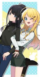  2girls absurdres ahoge arm_hug black_boots black_eyes black_hair black_sweater blonde_hair blue_background blue_eyes blue_pants blush boots breasts commentary_request cowboy_shot denim denim_skirt expressionless eyelashes fish_hair_ornament green_skirt hachimiya_meguru hair_flaps hair_ornament hairclip highres idolmaster idolmaster_shiny_colors jeans jewelry kazano_hiori leg_up legs long_hair long_sleeves looking_at_viewer medium_breasts multiple_girls necklace one_eye_closed open_mouth pants polka_dot polka_dot_background ponytail sidelocks skirt small_breasts smile snowflakes snowman sweater thighs trike_03 turtleneck turtleneck_sweater two-tone_background white_sweater yellow_background 