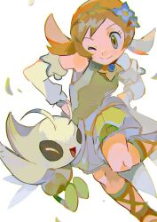  1girl blue_gem brown_hair celebi commentary_request detached_sleeves dress flower_hairband gem green_dress hands_on_own_hips highres hinann_bot leaf lyra_(pokemon) lyra_(sygna_suit)_(pokemon) one_eye_closed pokemon pokemon_masters_ex short_twintails twintails white_background 