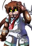  1boy animal_robot animatronic bear brown_hair creepy crossover diomedea five_nights_at_freddy&#039;s freddy_fazbear glowing glowing_eyes highres kadokawa kadokawa_games kantai_collection kuma_(kantai_collection) kuma_(kantai_collection)_(cosplay) necktie no_humans pun school_uniform scott_cawthon_(company) teikoku_gensui trap what 