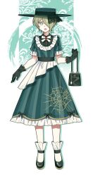  1girl alternate_costume aqua_background aqua_dress aqua_outline bag black_bag black_bow black_gloves black_ribbon black_shirt black_shoes blonde_hair bow bowtie bright_pupils brooch buttons center_frills chest_jewel classic_lolita collared_shirt commentary_request danganronpa_(series) danganronpa_v3:_killing_harmony dot_nose dress dress_bow dress_shirt expressionless floral_background frilled_dress frilled_gloves frilled_sleeves frilled_socks frills full_body gem gloves green_eyes green_hat hair_over_one_eye handbag hat hat_ribbon highres holding holding_bag jewelry lace-trimmed_ribbon lace_trim lolita_fashion looking_at_viewer mary_janes medium_dress open_mouth outline print_dress puffy_short_sleeves puffy_sleeves red_gem ribbon shirt shirt_under_dress shoes short_hair short_sleeves socks solo spider_web_print standing striped_clothes striped_dress sun_hat tojo_kirumi tsurime two-tone_background vertical-striped_clothes vertical-striped_dress waka_(wk4444) white_background white_bow white_bowtie white_pupils white_socks 