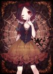 1girl black_hair bow breasts cleavage copyright_name hair_bow hair_ribbon highres ichinose_yukino looking_at_viewer original red_eyes ribbon short_hair silk snow_white_and_the_seven_dwarfs solo spider spider_web 